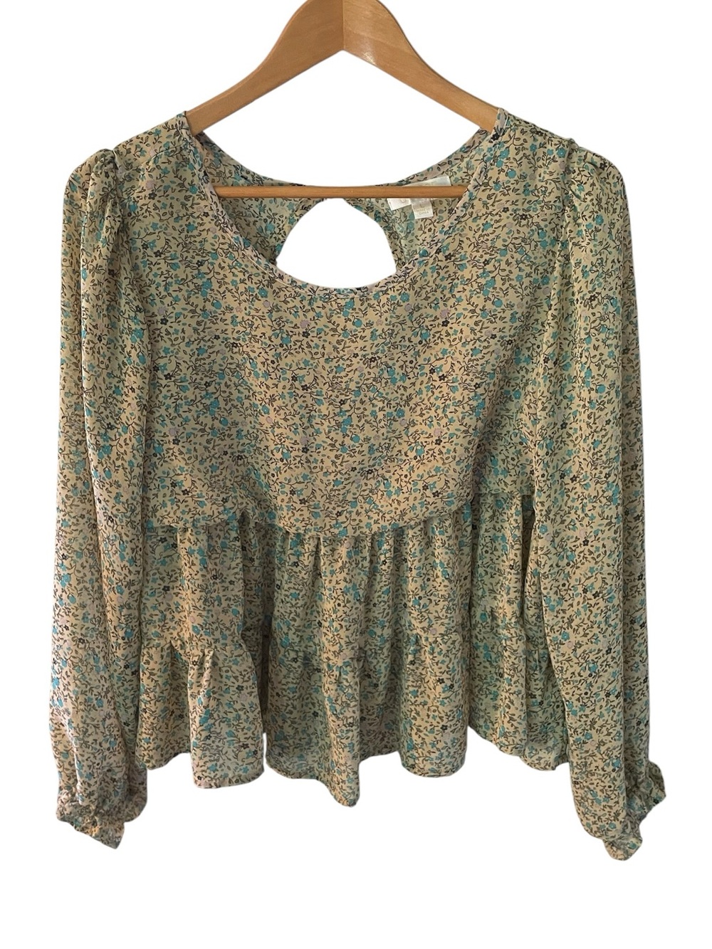 C50- Floral Peplum Blouse in Cream and Teal